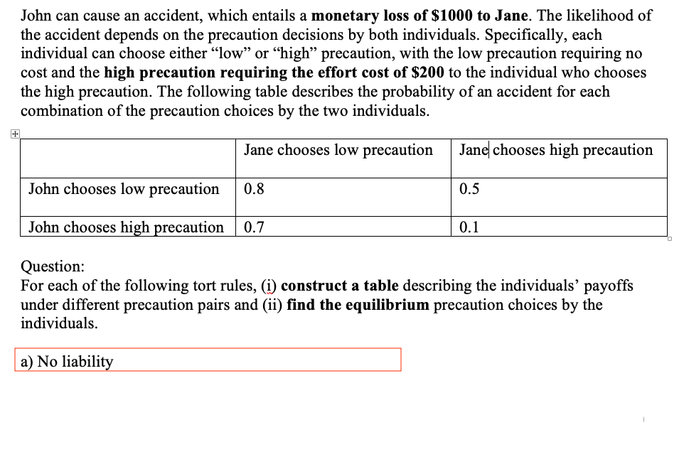 John can cause an accident, which entails a monetary loss of $1000 to Jane. The likelihood of
the accident depends on the precaution decisions by both individuals. Specifically, each
individual can choose either "low" or “high" precaution, with the low precaution requiring no
cost and the high precaution requiring the effort cost of $200 to the individual who chooses
the high precaution. The following table describes the probability of an accident for each
combination of the precaution choices by the two individuals.
Jane chooses low precaution
Jane chooses high precaution
John chooses low precaution
0.8
0.5
John chooses high precaution
0.7
0.1
Question:
For each of the following tort rules, (i) construct a table describing the individuals' payoffs
under different precaution pairs and (ii) find the equilibrium precaution choices by the
individuals.
a) No liability
