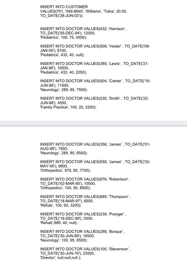 INSERT INTO CUSTOMER
VALUES(701, '549-8840', 'Williams', 'Tisha', 20.00,
TO DATE('28-JUN-03'));
INSERT INTO DOCTOR VALUES(432, 'Harrison',
TO DATE('05-DEC-94'), 12000,
'Pediatrics', 100, 75, 4500);
INSERT INTO DOCTOR VALUES(509, 'Vester', TO DATE('09-
JAN-00'), 8100,
'Pediatrics', 432, 40, null);
INSERT INTO DOCTOR VALUES(389, 'Lewis', TO DATE('21-
JAN-96'), 10000,
'Pediatrics', 432, 40, 2250);
INSERT INTO DOCTOR VALUES(504, 'Cotner', TO_DATE('16-
JUN-98'), 11500,
'Neurology', 289, 85, 7500);
INSERT INTO DOCTOR VALUES(235, 'Smith', TO_DATE('22-
JUN-98'), 4550,
'Family Practice', 100, 25, 2250);
INSERT INTO DOCTOR VALUES(356, 'James', TO_DATE('01-
AUG-98'), 7950,
'Neurology', 289, 80, 6500);
INSERT INTO DOCTOR VALUES(558, 'James', TO_DATE('02-
MAY-95'), 9800,
'Orthopedics', 876, 85, 7700);
INSERT INTO DOCTOR VALUES(876, 'Robertson',
TO DATE('02-MAR-95'), 10500,
'Orthopedics', 100, 90, 8900);
INSERT INTO DOCTOR VALUES(889, 'Thompson',
TO DATE('18-MAR-97'), 6500,
'Rehab', 100, 65, 3200);
INSERT INTO DOCTOR VALUES(239, 'Pronger',
TO DATE('18-DEC-99'), 3500,
'Rehab',889, 40, null);
INSERT INTO DOCTOR VALUES(289, 'Borque',
TO DATE('30-JUN-89'), 16500,
'Neurology', 100, 95, 6500);
INSERT INTO DOCTOR VALUES(100, 'Stevenson',
TO DATE('30-JUN-79'), 23500,
'Director', null,null,null);
