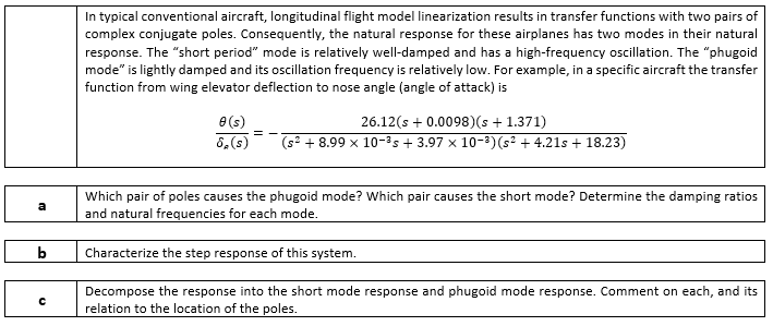In typical conventional aircraft, longitudinal flight model linearization results in transfer functions with two pairs of
complex conjugate poles. Consequently, the natural response for these airplanes has two modes in their natural
response. The "short period" mode is relatively well-damped and has a high-frequency oscillation. The "phugoid
mode" is lightly damped and its oscillation frequency is relatively low. For example, in a specific aircraft the transfer
function from wing elevator deflection to nose angle (angle of attack) is
e (s)
26.12(s + 0.0098)(s + 1.371)
8,(s)
(s? + 8.99 x 10-3s + 3.97 x 10-3)(s? + 4.21s + 18.23)
Which pair of poles causes the phugoid mode? Which pair causes the short mode? Determine the damping ratios
and natural frequencies for each mode.
a
b
Characterize the step response of this system.
Decompose the response into the short mode response and phugoid mode response. Comment on each, and its
relation to the location of the poles.
