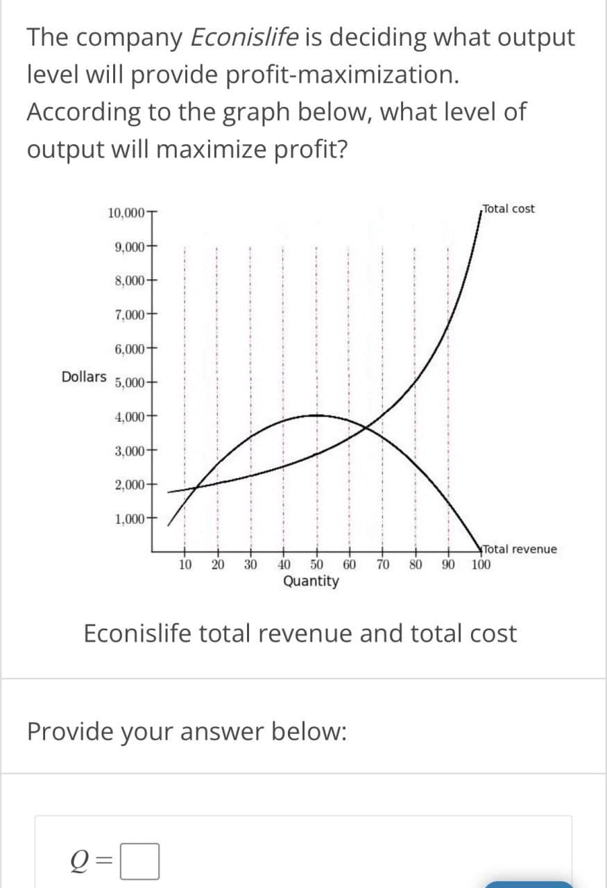 The company Econislife is deciding what output
level will provide profit-maximization.
According to the graph below, what level of
output will maximize profit?
10,000 T
9,000-
8,000-
7,000+
6,000+
Dollars
5,000+
4,000+
3,000+
2,000-
1,000+
Total cost
Total revenue
10 20 30
40 50 60 70 80 90
Quantity
100
Econislife total revenue and total cost
Provide your answer below: