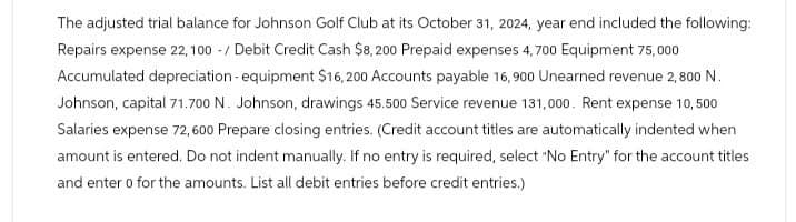 The adjusted trial balance for Johnson Golf Club at its October 31, 2024, year end included the following:
Repairs expense 22,100/Debit Credit Cash $8,200 Prepaid expenses 4,700 Equipment 75,000
Accumulated depreciation-equipment $16,200 Accounts payable 16,900 Unearned revenue 2,800 N.
Johnson, capital 71.700 N. Johnson, drawings 45.500 Service revenue 131,000. Rent expense 10,500
Salaries expense 72,600 Prepare closing entries. (Credit account titles are automatically indented when
amount is entered. Do not indent manually. If no entry is required, select "No Entry" for the account titles
and enter 0 for the amounts. List all debit entries before credit entries.)