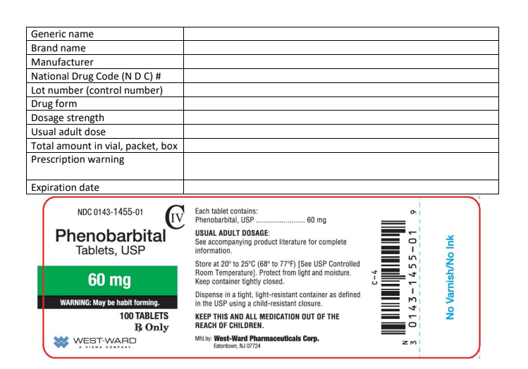 Generic name
Brand name
Manufacturer
National Drug Code (N D C) #
Lot number (control number)
Drug form
Dosage strength
Usual adult dose
Total amount in vial, packet, box
Prescription warning
Expiration date
NDC 0143-1455-01
Phenobarbital
Tablets, USP
Each tablet contains:
TVPhenobarbital, USP
60 mg
WARNING: May be habit forming.
100 TABLETS
B Only
WEST-WARD
60 mg
USUAL ADULT DOSAGE:
See accompanying product literature for complete
information.
Store at 20° to 25°C (68° to 77°F) [See USP Controlled
Room Temperature]. Protect from light and moisture.
Keep container tightly closed.
Dispense in a tight, light-resistant container as defined
in the USP using a child-resistant closure.
KEEP THIS AND ALL MEDICATION OUT OF THE
REACH OF CHILDREN.
Mid. by: West-Ward Pharmaceuticals Corp.
Eatontown, NJ 07724
C-4
|||
6
0143-1455-01
ZMI
No Varnish/No Ink