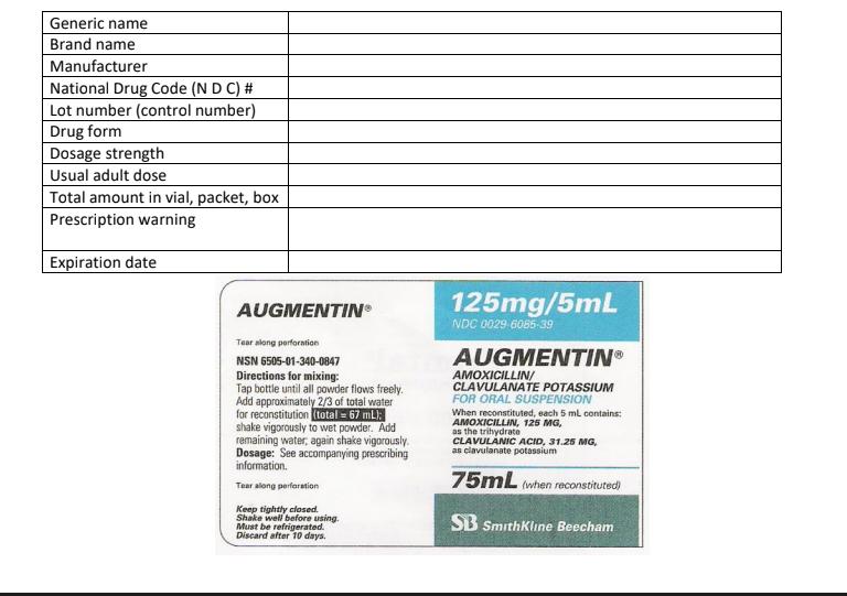 Generic name
Brand name
Manufacturer
National Drug Code (N D C) #
Lot number (control number)
Drug form
Dosage strength
Usual adult dose
Total amount in vial, packet, box
Prescription warning
Expiration date
AUGMENTIN®
Tear along perforation
NSN 6505-01-340-0847
Directions for mixing:
Tap bottle until all powder flows freely.
Add approximately 2/3 of total water
for reconstitution (total = 67 mL):
shake vigorously to wet powder. Add
remaining water, again shake vigorously.
Dosage: See accompanying prescribing
information.
Tear along perforation
Keep tightly closed.
Shake well before using.
Must be refrigerated.
Discard after 10 days.
125mg/5mL
NDC 0029-6085-39
AUGMENTIN®
AMOXICILLIN/
CLAVULANATE POTASSIUM
FOR ORAL SUSPENSION
When reconstituted, each 5 mL contains:
AMOXICILLIN, 125 MG,
as the trihydrate
CLAVULANIC ACID, 31.25 MG,
as clavulanate potassium
75mL (when reconstituted)
SB SmithKline Beecham