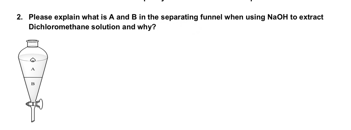 2. Please explain what is A and B in the separating funnel when using NaOH to extract
Dichloromethane solution and why?
A
B
