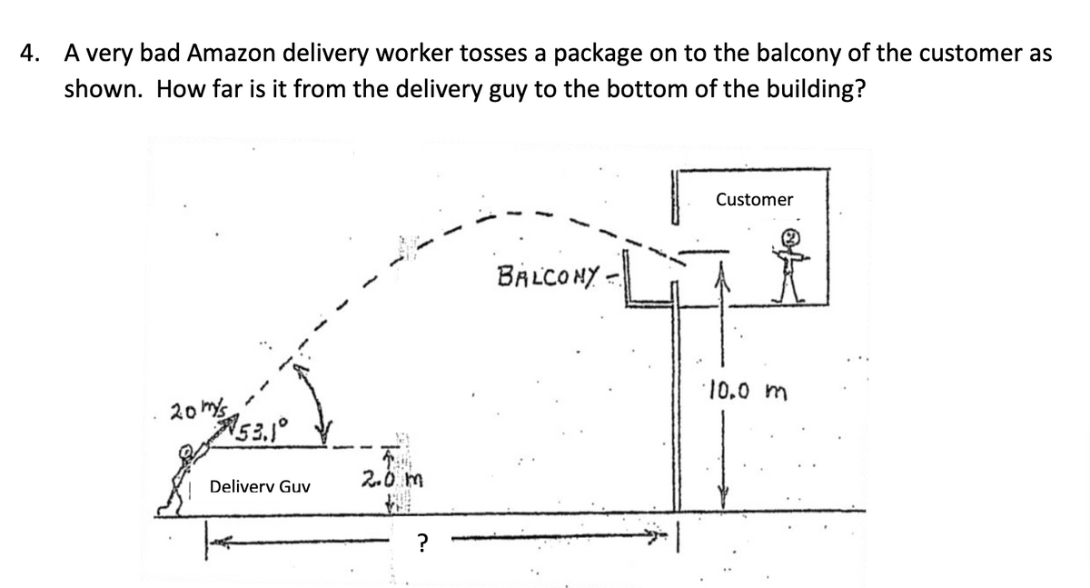 4. A very bad Amazon delivery worker tosses a package on to the balcony of the customer as
shown. How far is it from the delivery guy to the bottom of the building?
20m/s
53.1°
Delivery Guv
2.0 m
Jul
?
BALCONY -
Customer
10.0 m