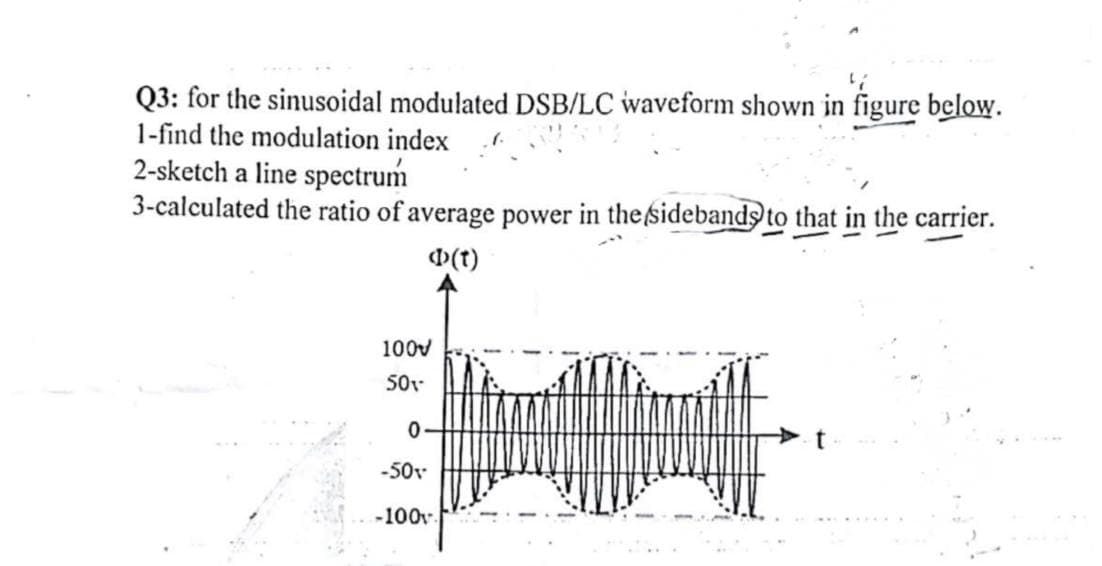 Q3: for the sinusoidal modulated DSB/LC waveform shown in figure below.
1-find the modulation index
2-sketch a line spectrum
3-calculated the ratio of average power in the sidebands to that in the carrier.
(D(t)
t
100
501-
0
-50%
-100v.