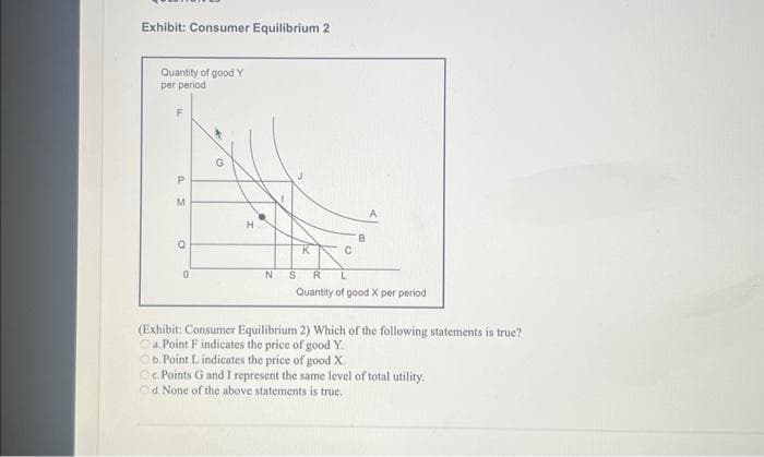 Exhibit: Consumer Equilibrium 2
Quantity of good Y
per period.
P
M
Q
0
C
H
K
NSR
B
Quantity of good X per period
(Exhibit: Consumer Equilibrium 2) Which of the following statements is true?
Ca.Point F indicates the price of good Y.
b. Point L indicates the price of good X.
Oc. Points G and I represent the same level of total utility.
Ⓒd. None of the above statements is true.