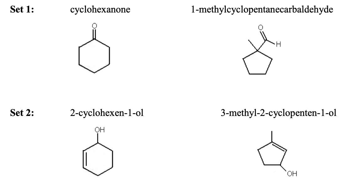 Set 1:
cyclohexanone
1-methylcyclopentanecarbaldehyde
Set 2:
2-суclohexen-1-ol
3-methyl-2-cyclopenten-1-ol
OH
HO,

