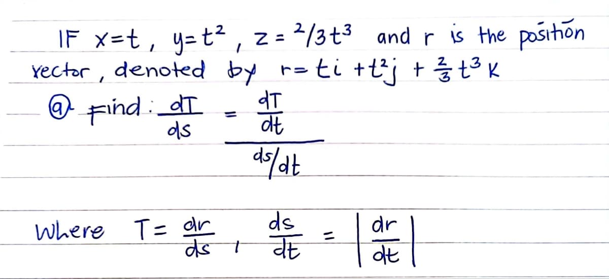 IF x=t, y=t², z = ²/3 t³ and r is the position
Yector, denoted by r=ti +t²j + 3/23 t³ k
@ Find dT
dT
dt
ds
ds/dt
Where T = dr
dr
ds
dt
olt
ds 1