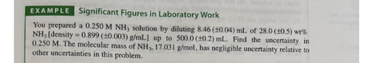 EXAMPLE Significant Figures in Laboratory Work
You prepared a 0.250 M NH, solution by diluting 8.46 (0.04) mL of 28.0 (10.5) wt%
NH, [density=0.899 (+0.003) g/mL] up to 500.0 (+0.2) mL. Find the uncertainty in
0.250 M. The molecular mass of NH3, 17.031 g/mol, has negligible uncertainty relative to
other uncertainties in this problem.