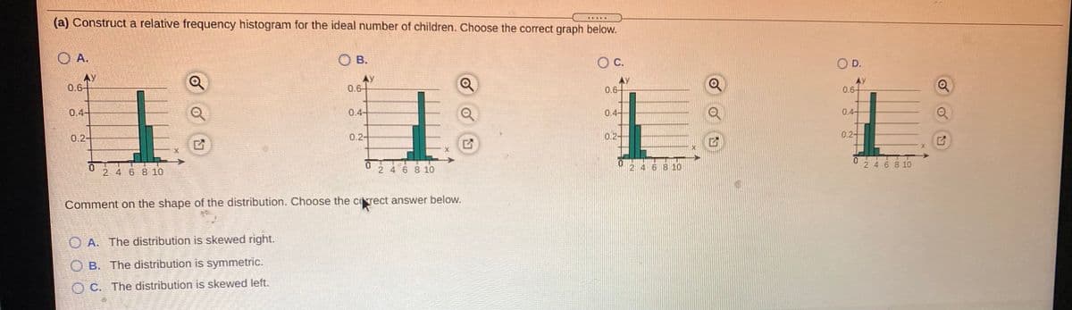 (a) Construct a relative frequency histogram for the ideal number of children. Choose the correct graph below.
......
O A.
В.
c.
OD.
AY
0.6-
Ay
0.6-
AY
0.6-
AY
0.6
0.4-
0.4-
0.4-
0.4-
0.2-
0.2-
0.2-
0.2-
2 4 6 8 10
2 4 68 10
2 4 6 8 10
2 4 6 8 10
Comment on the shape of the distribution. Choose the crect answer below.
O A. The distribution is skewed right.
O B. The distribution is symmetric.
O C. The distribution is skewed left.

