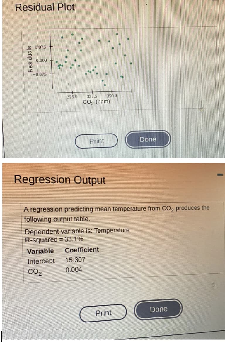Residual Plot
S 0,075
0.000
-0.075
325.0
337.5
350.0
CO2 (ppm)
Print
Done
Regression Output
A regression predicting mean temperature from CO, produces the
following output table.
Dependent variable is: Temperature
R-squared = 33.1%
Variable
Coefficient
Intercept
15.307
CO2
0.004
Print
Done
