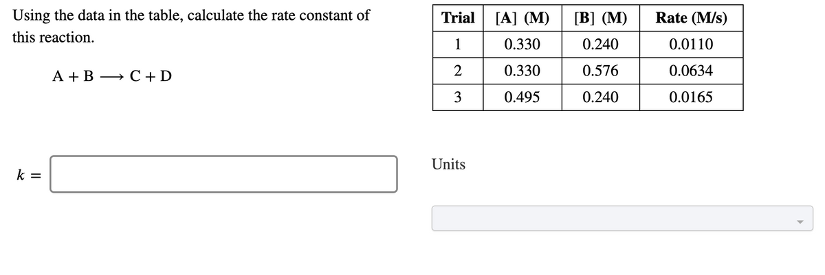 Using the data in the table, calculate the rate constant of
Trial
[A] (M)
[B] (M)
Rate (M/s)
this reaction.
1
0.330
0.240
0.0110
A + B → C+D
2
0.330
0.576
0.0634
3
0.495
0.240
0.0165
Units
k =

