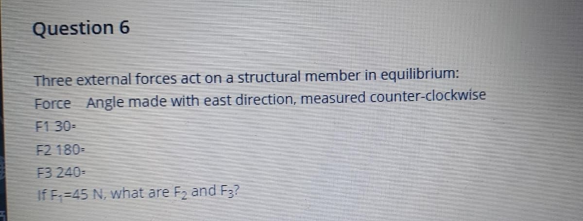 Question 6
Three external forces act on a structural member in equilibrium:
Force Angle made with east direction, measured counter-clockwise
F130-
F2 180-
F3 240=
IfF=45 N. what are Fz and F3?
