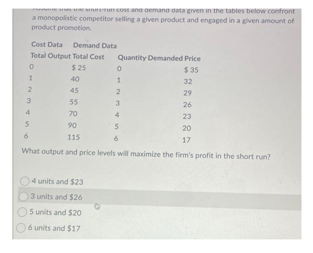 aJuIc LItat lhe ShuIL-run cost and demand data given in the tables below confront
a monopolistic competitor selling a given product and engaged in a given amount of
product promotion.
Cost Data
Demand Data
Total Output Total Cost
Quantity Demanded Price
$ 25
$ 35
40
1
32
45
2
29
3
55
3.
26
4
70
4
23
90
20
115
6.
17
What output and price levels will maximize the firm's profit in the short run?
4 units and $23
3 units and $26
5 units and $20
6 units and $17
