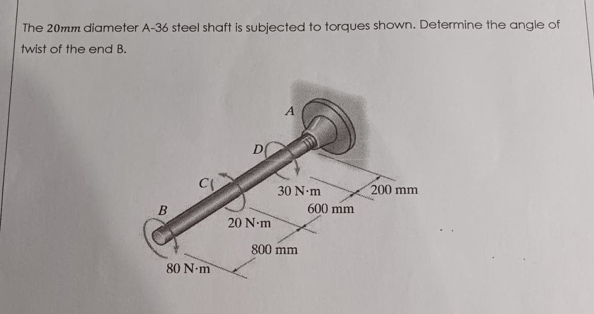The 20mm diameter A-36 steel shaft is subjected to torques shown. Determine the angle of
twist of the end B.
B
C(
80 N·m
D
20 N·m
A
30 N·m
800 mm
600 mm
200 mm