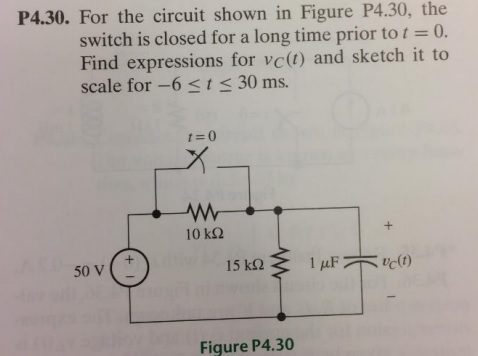 P4.30. For the circuit shown in Figure P4.30, the
switch is closed for a long time prior to t = 0.
Find expressions for vc(t) and sketch it to
scale for -6 ≤ t ≤ 30 ms.
50 V
+1
1=0
X-
www
10 ΚΩ
15 ΚΩ
www
Figure P4.30
HE
1 μF |
+
vc(1)