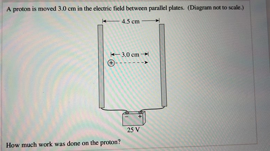 A proton is moved 3.0 cm in the electric field between parallel plates. (Diagram not to scale.)
4.5 cm -
3.0 cm
25 V
How much work was done on the proton?