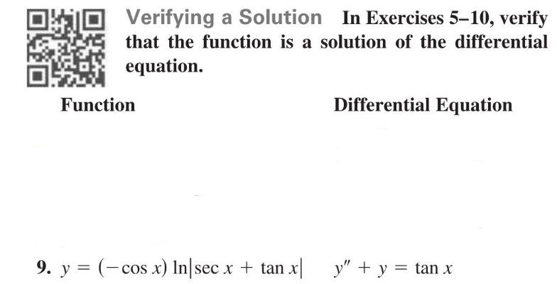Verifying a Solution In Exercises 5-10, verify
that the function is a solution of the differential
equation.
Function
9. y = (- cos x) In|sec x + tan x|
Differential Equation
y" + y = tan x