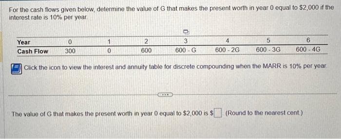 For the cash flows given below, determine the value of G that makes the present worth in year 0 equal to $2,000 if the
interest rate is 10% per year
0
300
1
0
2
600
D
3
600 - G
Year
Cash Flow
Click the icon to view the interest and annuity table for discrete compounding when the MARR is 10% per year.
***
4
600-2G
5
600 - 3G
6
600-4G
The value of G that makes the present worth in year 0 equal to $2,000 is $ (Round to the nearest cent.)
