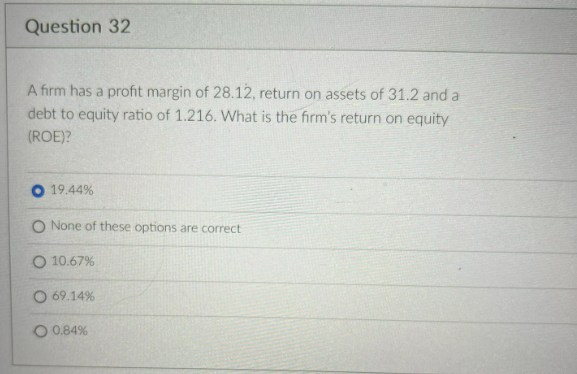 Question 32
A firm has a profit margin of 28.12, return on assets of 31.2 and a
debt to equity ratio of 1.216. What is the firm's return on equity
(ROE)?
19.44%
O None of these options are correct
O 10.67%
O 69.14%
O 0.84%