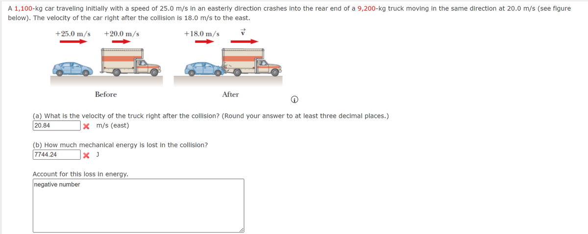A 1,100-kg car traveling initially with a speed of 25.0 m/s in an easterly direction crashes into the rear end of a 9,200-kg truck moving in the same direction at 20.0 m/s (see figure
below). The velocity of the car right after the collision is 18.0 m/s to the east.
+25.0 m/s
+20.0 m/s
+18.0 m/s
Before
(a) What is the velocity of the truck right after the collision? (Round your answer to at least three decimal places.)
20.84
m/s (east)
(b) How much mechanical energy is lost in the collision?
7744.24
X J
After
Account for this loss in energy.
negative number