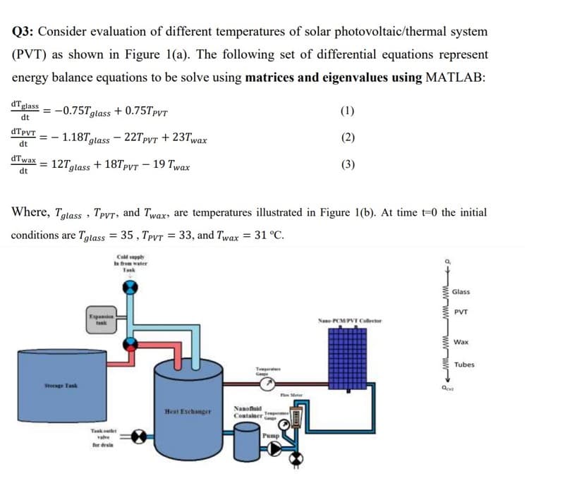 Q3: Consider evaluation of different temperatures of solar photovoltaic/thermal system
(PVT) as shown in Figure 1(a). The following set of differential equations represent
energy balance equations to be solve using matrices and eigenvalues using MATLAB:
dTglass
= -0.75Tgtass + 0.75TpvT
(1)
dt
- 1.187glass – 22Tpyr + 23Twax
(2)
dt
dTwax
12Tglass + 18TpyT – 19 Twax
(3)
dt
Where, Tgtass , TPVT, and Twax, are temperatures illustrated in Figure 1(b). At time t-0 the initial
conditions are Tglass = 35 , Tpyr = 33, and Twax = 31 °C.
Cold suppty
In frem water
Tank
Glass
PVT
Espann
Nane-PCMPVT Collector
Wax
Tubes
Sterg Tank
Nanofluid
Heat Exchanger
Contalner
Tepe
Teek oe
Pump
for drain
