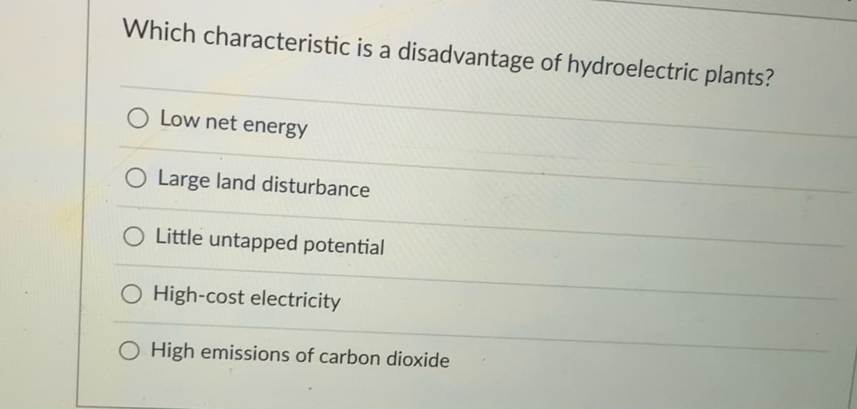Which characteristic is a disadvantage of hydroelectric plants?
Low net energy
Large land disturbance
O Little untapped potential
High-cost electricity
High emissions of carbon dioxide