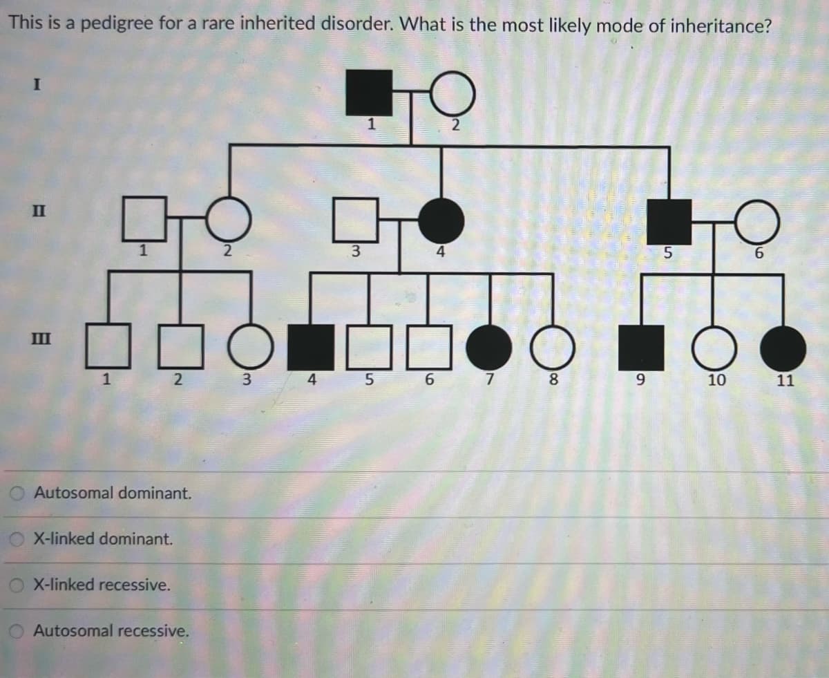 This is a pedigree for a rare inherited disorder. What is the most likely mode of inheritance?
III
1
2
Autosomal dominant.
X-linked dominant.
X-linked recessive.
Autosomal recessive.
2
3
4
3
1
5
6
4
2
7
O
8
57617
9
5
10
6
11