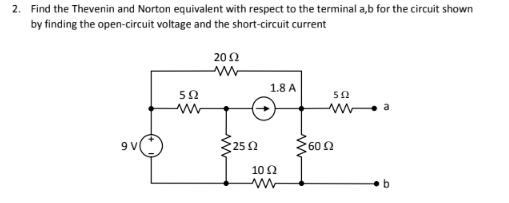 2. Find the Thevenin and Norton equivalent with respect to the terminal a,b for the circuit shown
by finding the open-circuit voltage and the short-circuit current
202
1.8 A
50
50
$250
60 Ω
10 Ω
