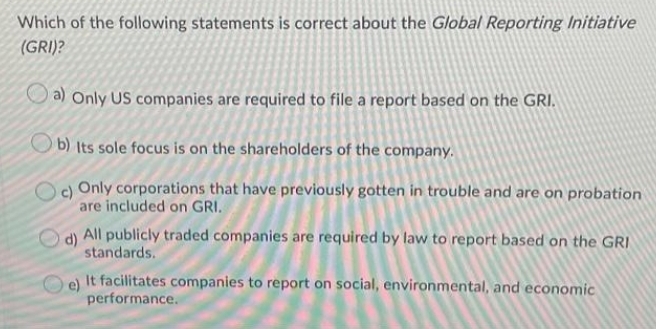 Which of the following statements is correct about the Global Reporting Initiative
(GRI)?
a) Only US companies are required to file a report based on the GRI.
b) Its sole focus is on the shareholders of the company.
c)
Only corporations that have previously gotten in trouble and are on probation
are included on GRI.
All publicly traded companies are required by law to report based on the GRI
(p
standards.
e)
It facilitates companies to report on social, environmental, and economic
performance.
