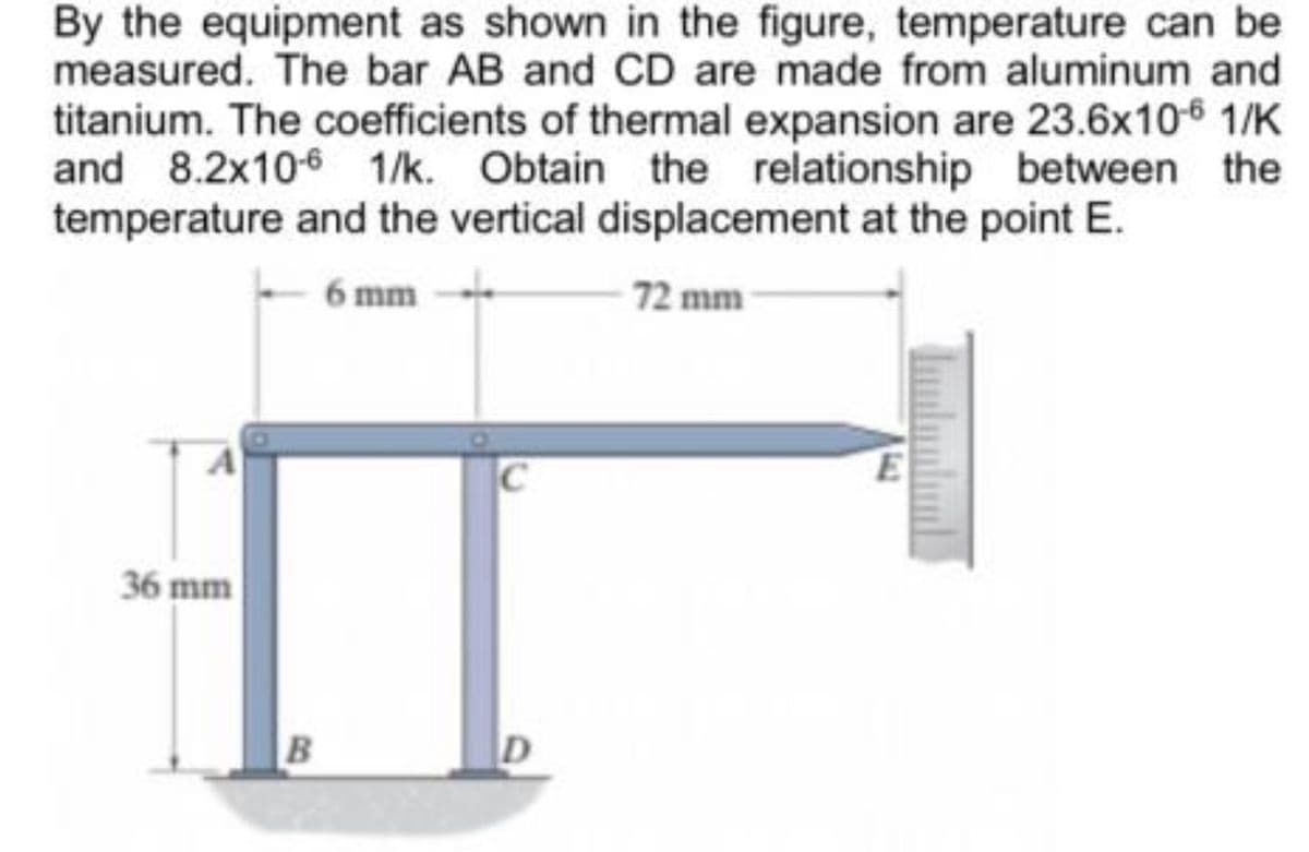 By the equipment as shown in the figure, temperature can be
measured. The bar AB and CD are made from aluminum and
titanium. The coefficients of thermal expansion are 23.6x106 1/K
and 8.2x106 1/k. Obtain the relationship between the
temperature and the vertical displacement at the point E.
6 mm
72 mm
36 mm
