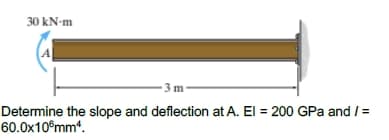 30 kN-m
3 m
Determine the slope and deflection at A. El = 200 GPa and / =
60.0x10°mm*.
