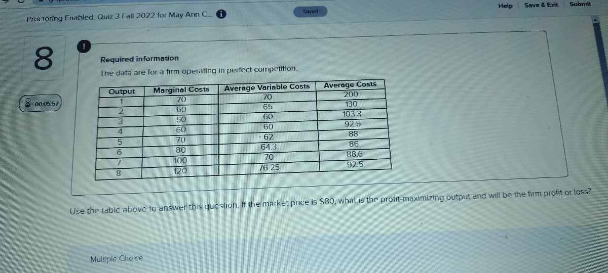 Proctoring Enabled: Quiz 3 Fall 2022 for May Ann C.
8
00:05:57
!
Required information
The data are for a firm operating in perfect competition.
Output
1
2
3
4
5
6
7
8
Multiple Choice
Marginal Costs Average Variable Costs
70
65
60
70
60
50
60
70
80
100
120
60
62
64.3
Saved
70
76.25
Average Costs
200
130
103.3
92.5
88
86
88.6
92.5
Help
Save & Exit Submit
Use the table above to answer this question. If the market price is $80, what is the profit-maximizing output and will be the firm profit or loss?