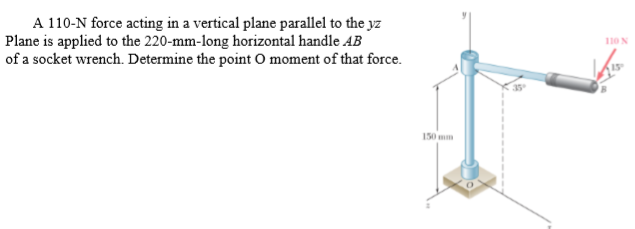 A 110-N force acting in a vertical plane parallel to the yz
Plane is applied to the 220-mm-long horizontal handle AB
of a socket wrench. Determine the point O moment of that force.
