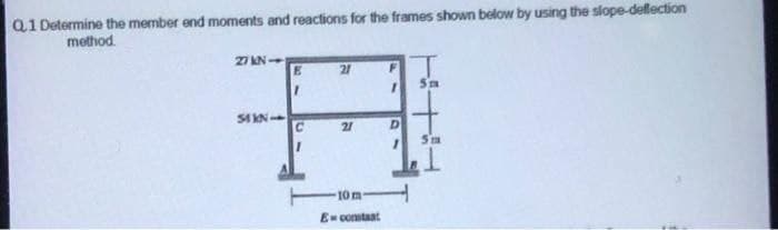 Q1 Determine the member end moments and reactions for the frames shown below by using the slope-deflection
method.
27 KN-
1432
E
1
C
21
21
10m-
E constant
5m
5m