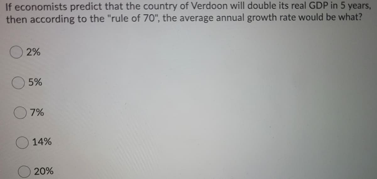 If economists predict that the country of Verdoon will double its real GDP in 5 years,
then according to the "rule of 70", the average annual growth rate would be what?
O 2%
5%
7%
14%
20%
