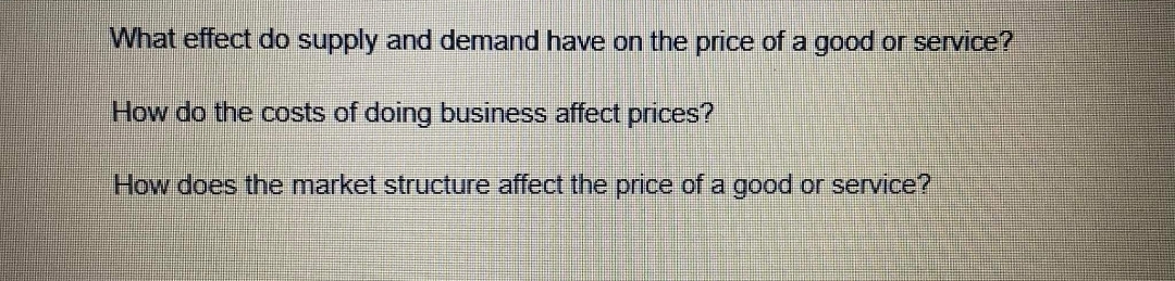 What effect do supply and demand have on the price of a good or service?
How do the costs of doing business affect prices?
How does the market structure affect the price of a good or service?
