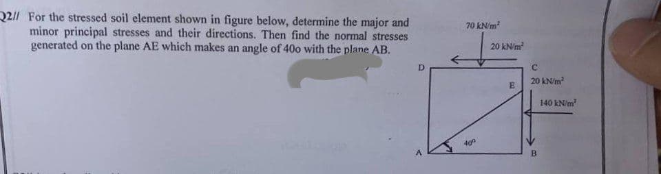22// For the stressed soil element shown in figure below, determine the major and
minor principal stresses and their directions. Then find the normal stresses
generated on the plane AE which makes an angle of 400 with the plane AB.
A
70 kN/m²
40⁰
20 kN/m²
E
C
20 kN/m²
B
140 kN/m²