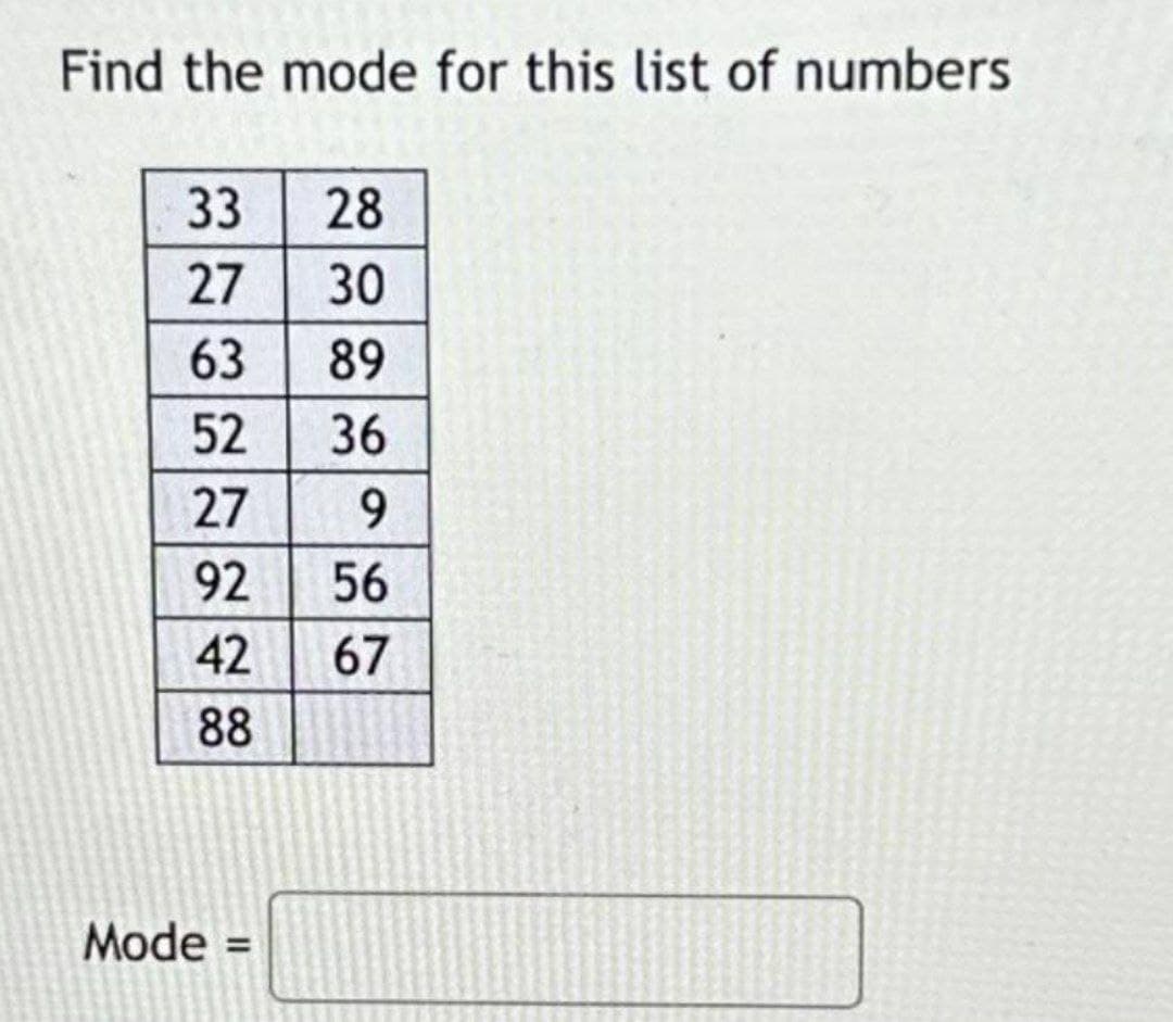 Find the mode for this list of numbers
33
28
27 30
63
89
52 36
27 9
92
56
42
67
88
Mode =