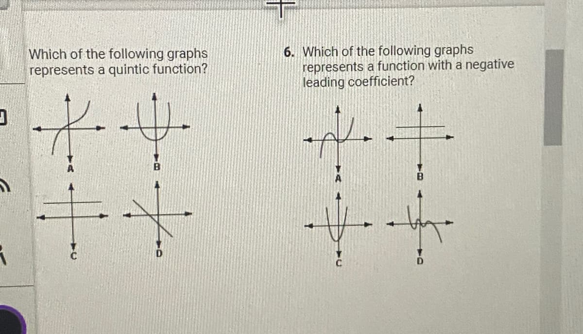 D
Which of the following graphs
represents a quintic function?
+4
-||-
af..
6. Which of the following graphs
represents a function with a negative
leading coefficient?
V 4- फु