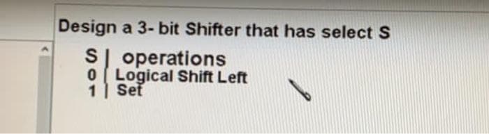 Design a 3- bit Shifter that has select S
SJ operations
0 ( Logical Shift Left
1] Set
