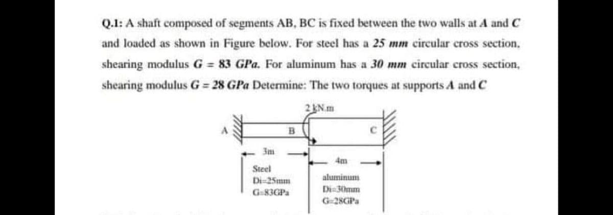 Q.I: A shaft composed of segments AB, BC is fixed between the two walls at A and C
and loaded as shown in Figure below. For steel has a 25 mm circular cross section,
shearing modulus G = 83 GPa. For aluminum has a 30 mm circular cross section,
shearing modulus G = 28 GPa Determine: The two torques at supports A and C
2 KN.m
B
3m
Steel
Di-25mm
aluminum
G83GPa
Di-30mm
G-28GPa
