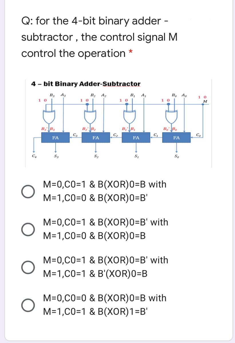 Q: for the 4-bit binary adder -
subtractor , the control signal M
control the operation
4 - bit Binary Adder-Subtractor
В, А,
1 0
В, А,
A3
B3
1 0
B, A,
1 0
1 0
1 0
M
B3B3
Bz'\B2
C3
BoBo
C;
C2
Co
FA
FA
FA
FA
C4
S3
S2
So
M=0,C0=1 & B(XOR)0=B with
M=1,C0=0 & B(XOR)0=B'
M=0,C0=1 & B(XOR)0=B' with
M=1,C0=0 & B(XOR)0=B
M=0,C0=1 & B(XOR)0=B' with
M=1,C0=1 & B'(XOR)0=B
M=0,C0=0 & B(XOR)0=B with
M=1,C0=1 & B(XOR)1=B'
