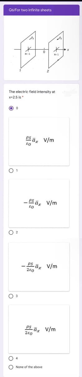 Q6/For two infinite sheets
Ps
X= -1
X- 1
The electric field intensity at
x=2.5 is *
PS āx V/m
E0
O 1
ā, V/m
O 2
PS
-āx V/m
280
Оз
es āx V/m
280
4
O None of the above
o o
