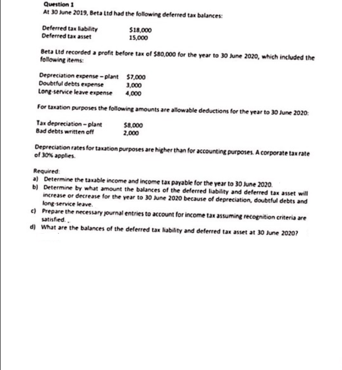 Question 1
At 30 June 2019, Beta Ltd had the following deferred tax balances:
Deferred tax lability
Deferred tax asset
$18,000
15,000
Beta Ltd recorded a profit before tax of s80,000 for the year to 30 June 2020, which included the
following items:
Depreciation expense - plant $7,000
Doubtful debts expense
Long-service leave expense
3,000
4,000
For taxation purposes the following amounts are allowable deductions for the year to 30 June 2020:
Tax depreciation - plant
Bad debts written off
$8,000
2,000
Depreciation rates for taxation purposes are higher than for accounting purposes. A corporate tax rate
of 30% applies.
Required:
a) Determine the taxable income and income tax payable for the year to 30 June 2020.
b) Determine by what amount the balances of the deferred liability and deferred tax asset will
increase or decrease for the year to 30 June 2020 because of depreciation, doubtful debts and
long-service leave.
c) Prepare the necessary journal entries to account for income tax assuming recognition criteria are
satisfied..
d) What are the balances of the deferred tax liability and deferred tax asset at 30 June 20207
