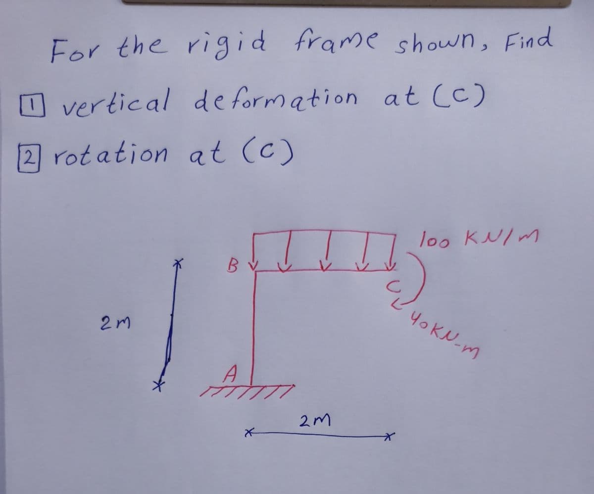 For the rigid frame shown, Find
O vertical de formation at (C)
2 rot ation at (c)
loo kN/m
2m
2m
