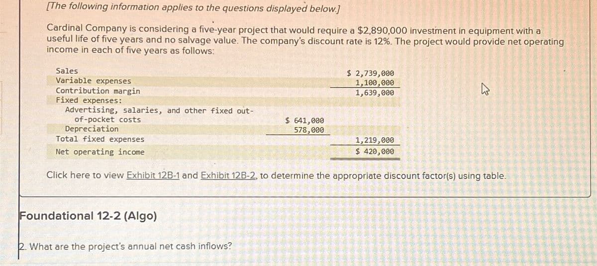 [The following information applies to the questions displayed below.]
Cardinal Company is considering a five-year project that would require a $2,890,000 investment in equipment with a
useful life of five years and no salvage value. The company's discount rate is 12%. The project would provide net operating
income in each of five years as follows:
Sales
Variable expenses
Contribution margin
Fixed expenses:
Advertising, salaries, and other fixed out-
$ 641,000
578,000
of-pocket costs
Depreciation
$ 2,739,000
1,100,000
1,639,000
D
Total fixed expenses
1,219,000
Net operating income
$ 420,000
Click here to view Exhibit 12B-1 and Exhibit 12B-2, to determine the appropriate discount factor(s) using table.
Foundational 12-2 (Algo)
2. What are the project's annual net cash inflows?