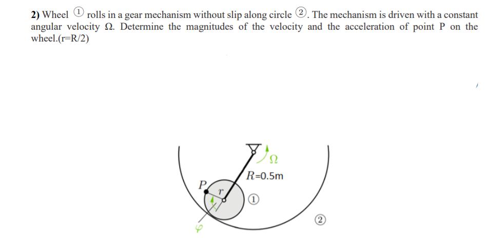 rolls in a gear mechanism without slip along circle 2. The mechanism is driven with a constant
2) Wheel
angular velocity N. Determine the magnitudes of the velocity and the acceleration of point P on the
wheel.(r=R/2)
R=0.5m
P
2
