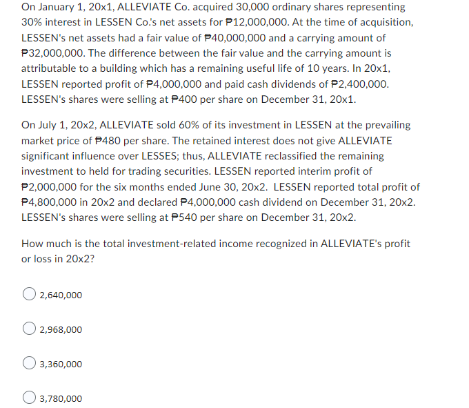 On January 1, 20x1, ALLEVIATE Co. acquired 30,000 ordinary shares representing
30% interest in LESSEN Co.'s net assets for $12,000,000. At the time of acquisition,
LESSEN's net assets had a fair value of $40,000,000 and a carrying amount of
$32,000,000. The difference between the fair value and the carrying amount is
attributable to a building which has a remaining useful life of 10 years. In 20x1,
LESSEN reported profit of $4,000,000 and paid cash dividends of $2,400,000.
LESSEN's shares were selling at $400 per share on December 31, 20x1.
On July 1, 20x2, ALLEVIATE sold 60% of its investment in LESSEN at the prevailing
market price of $480 per share. The retained interest does not give ALLEVIATE
significant influence over LESSES; thus, ALLEVIATE reclassified the remaining
investment to held for trading securities. LESSEN reported interim profit of
$2,000,000 for the six months ended June 30, 20x2. LESSEN reported total profit of
$4,800,000 in 20x2 and declared $4,000,000 cash dividend on December 31, 20x2.
LESSEN's shares were selling at P540 per share on December 31, 20x2.
How much is the total investment-related income recognized in ALLEVIATE's profit
or loss in 20x2?
2,640,000
2,968,000
3,360,000
3,780,000